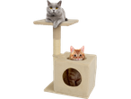 Two cats on a beige cat tree, one on top and one peeking from a cubby.