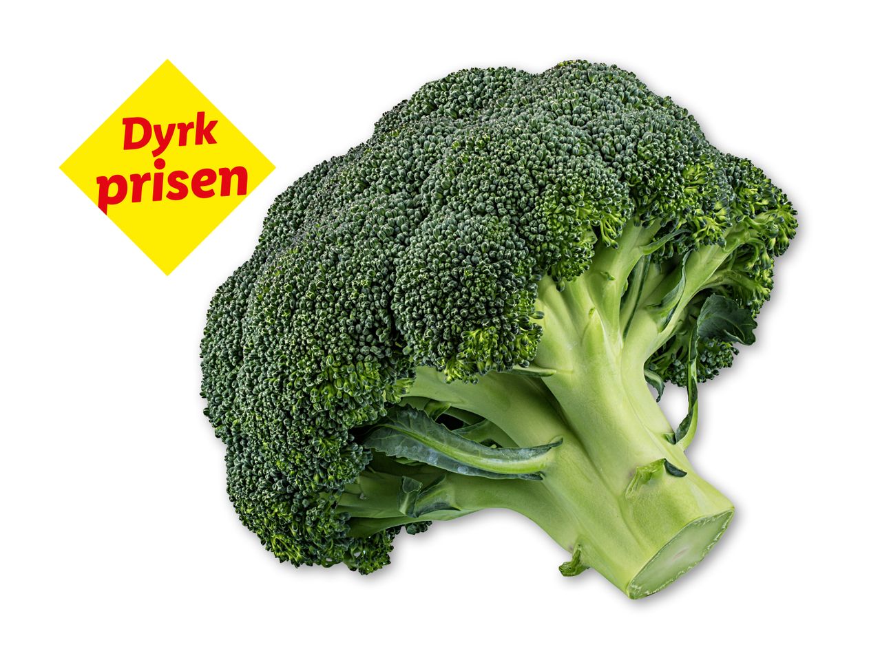 Broccoli med et gult skilt, hvorpå der står 'Dyrk prisen'.