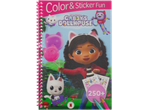 Kleur- en stickerboek met poppenhuis-thema, met tekenfilmfiguren en ballonnen.
