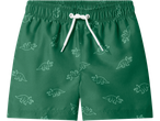 Calções de banho verdes LUPILU com estampa de dinossauros e cordão branco.