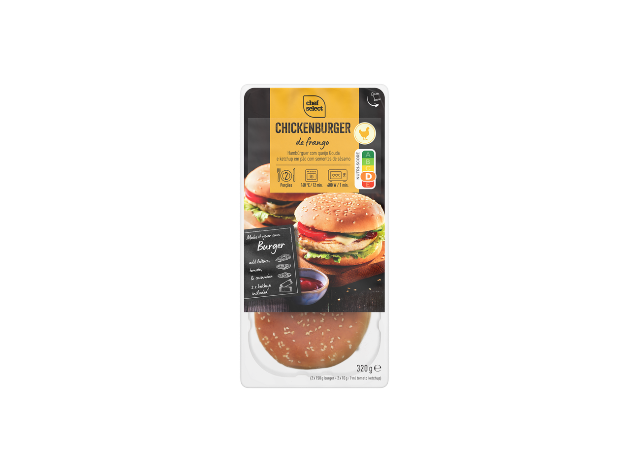 Chef Select Chickenburger: hambúrguer de frango com queijo Gouda e ketchup, pronto para cozinhar.