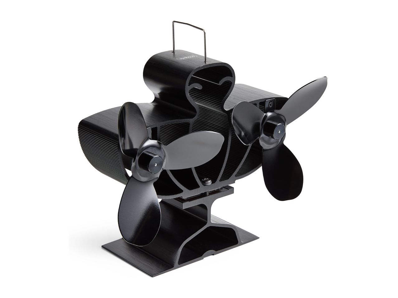 Black dual-blade heat powered stove fan with a carrying handle