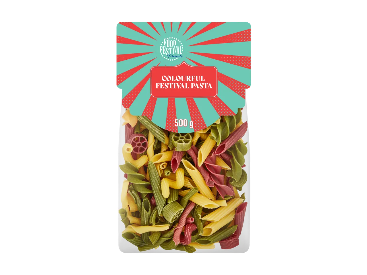 Food Festival kleurrijke pasta 500g verpakking met diverse vormen.