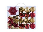 Christmas ornament set with red snowflake, gold star, and red and gold baubles.