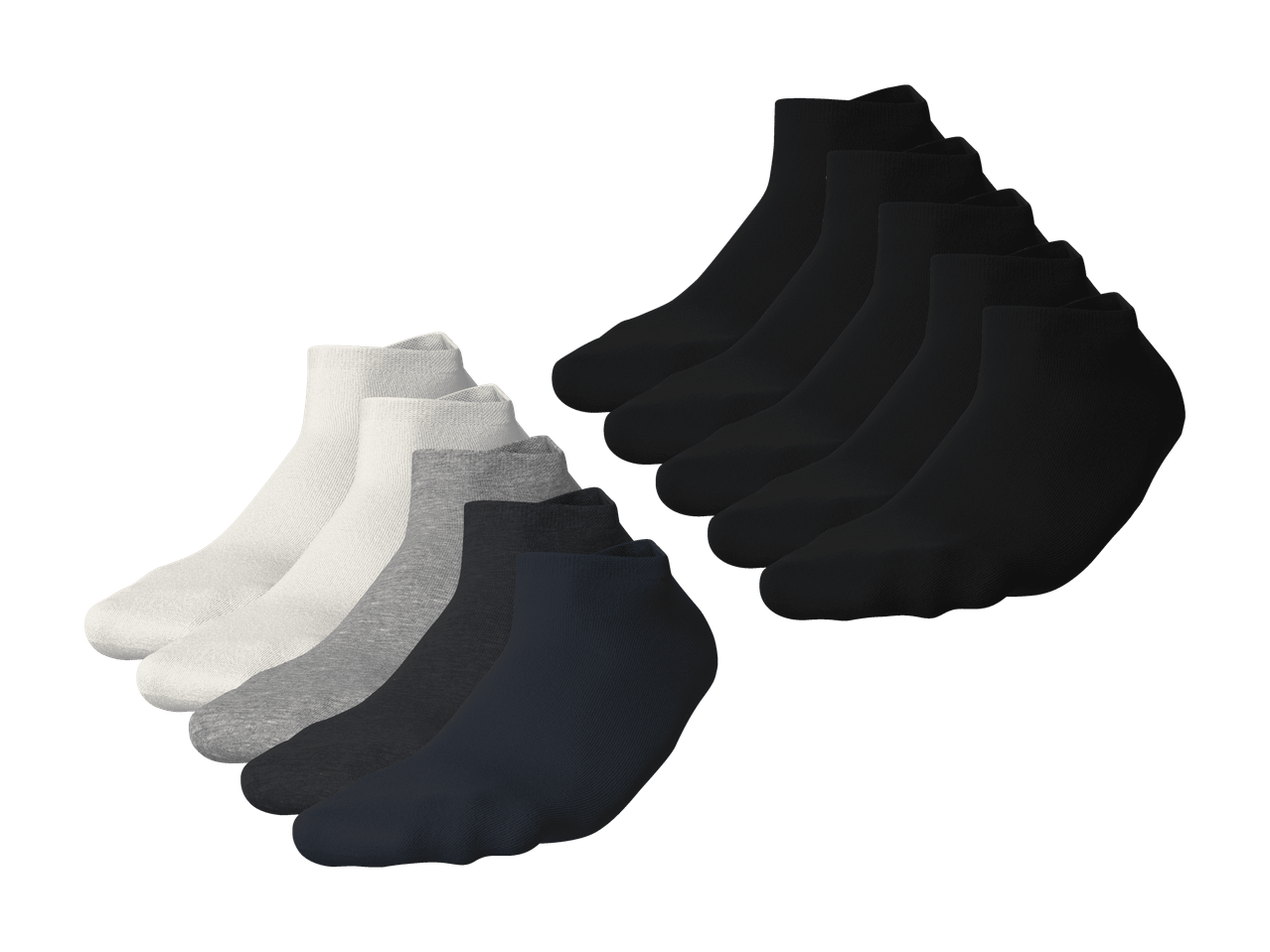 Lot de chaussettes de sport courtes en noir, blanc, gris clair, gris foncé et bleu marine.