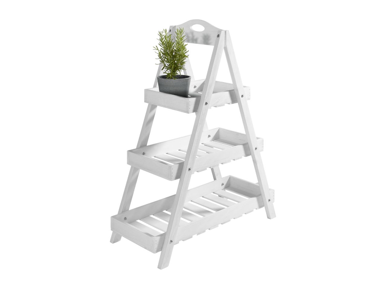 White wooden plant stand with three shelves, holding a potted rosemary plant.