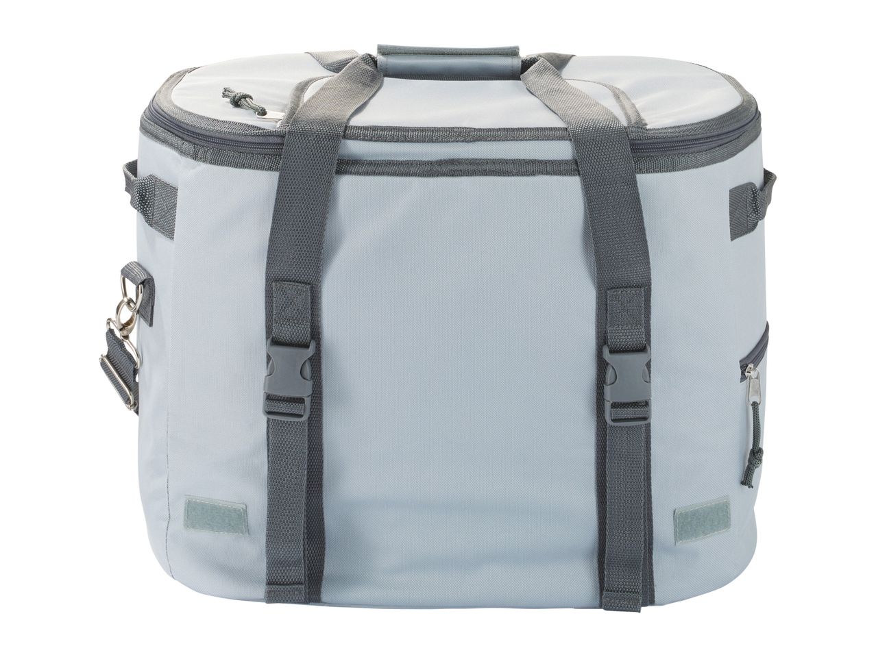 A gray soft-sided cooler bag with shoulder straps.