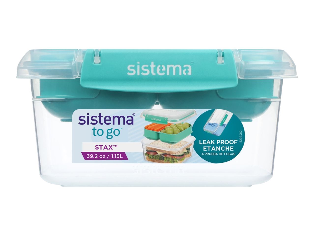Clear plastic lunch box with a teal lid and compartments, 1.15L capacity.