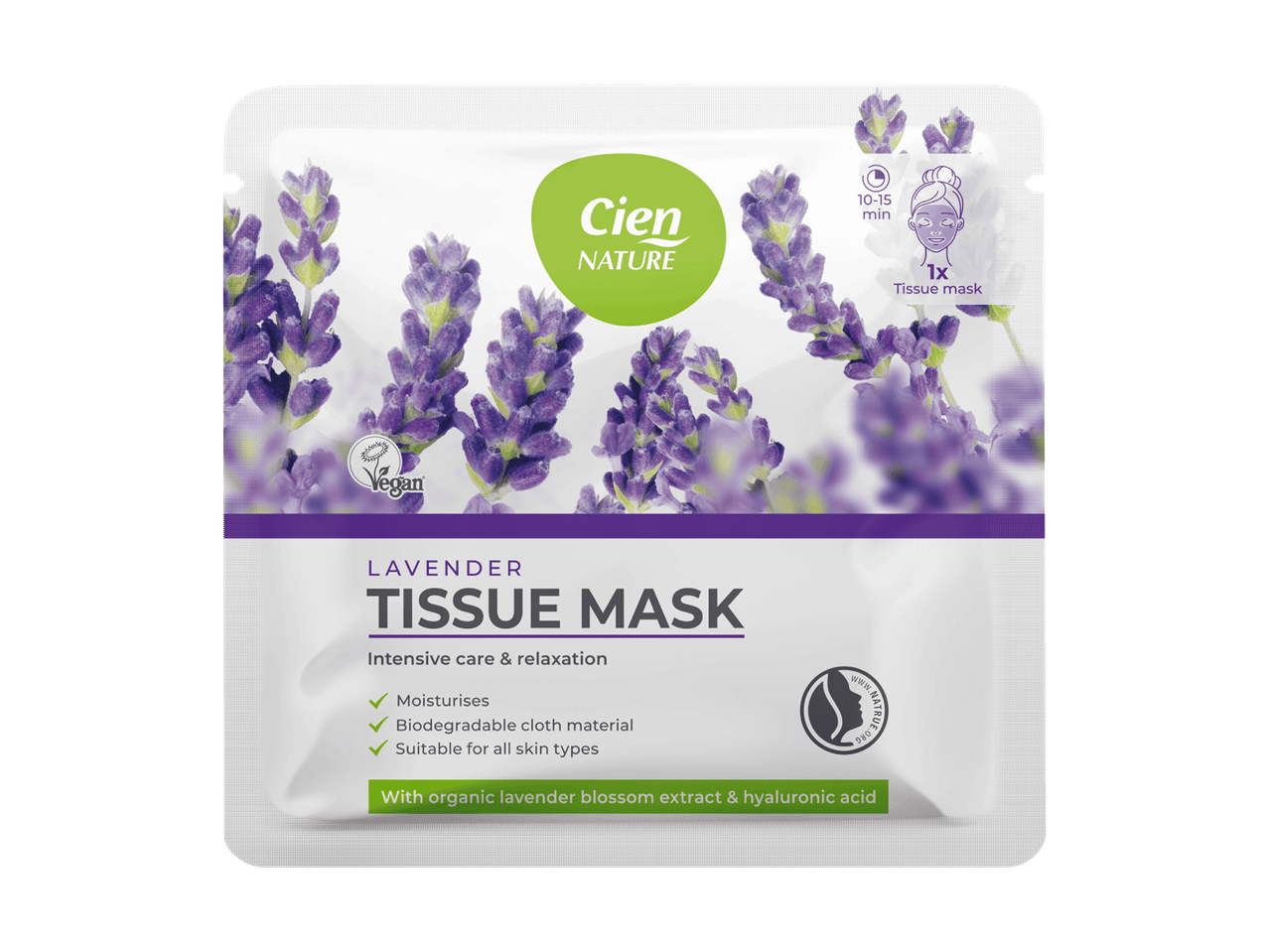 Cien Nature Lavendel Tuchmaske für intensive Pflege und Entspannung.