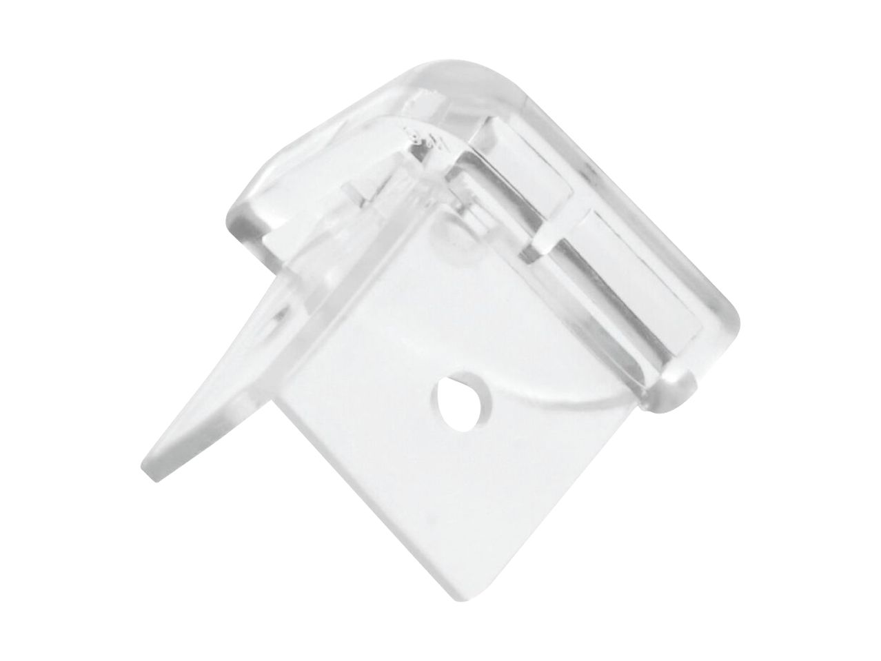 Clear plastic corner connector for LED strip lights, with a small hole for mounting.