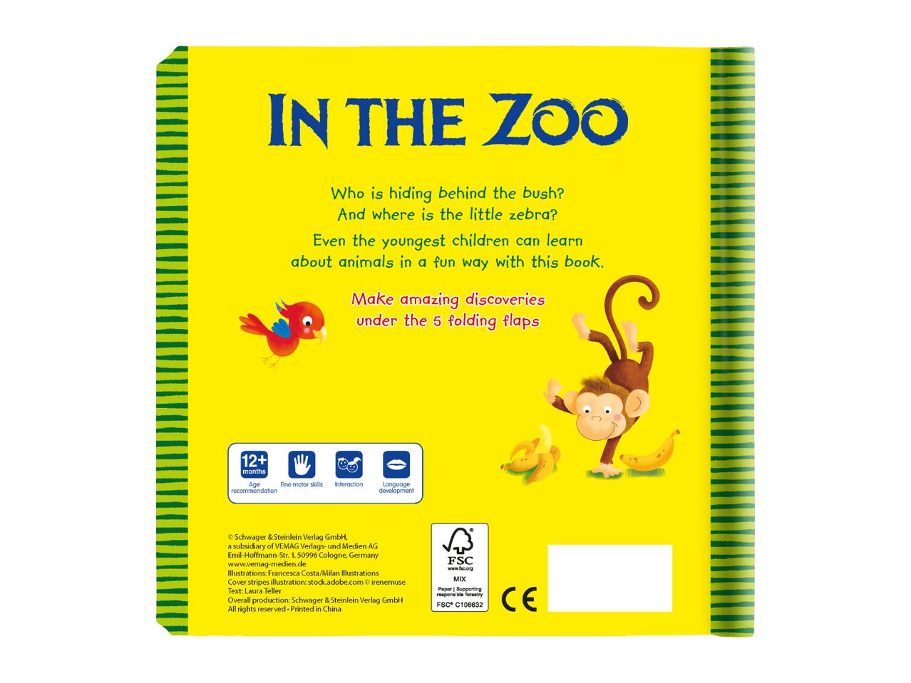 A children's book titled 'In the Zoo' with illustrations of a bird and a monkey.