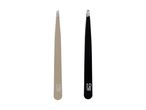Two Cien Beauty tweezers, one beige and one black, with slanted tips.