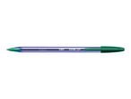 A BIC Cristal Soft ballpoint pen with a translucent purple barrel and a green cap.