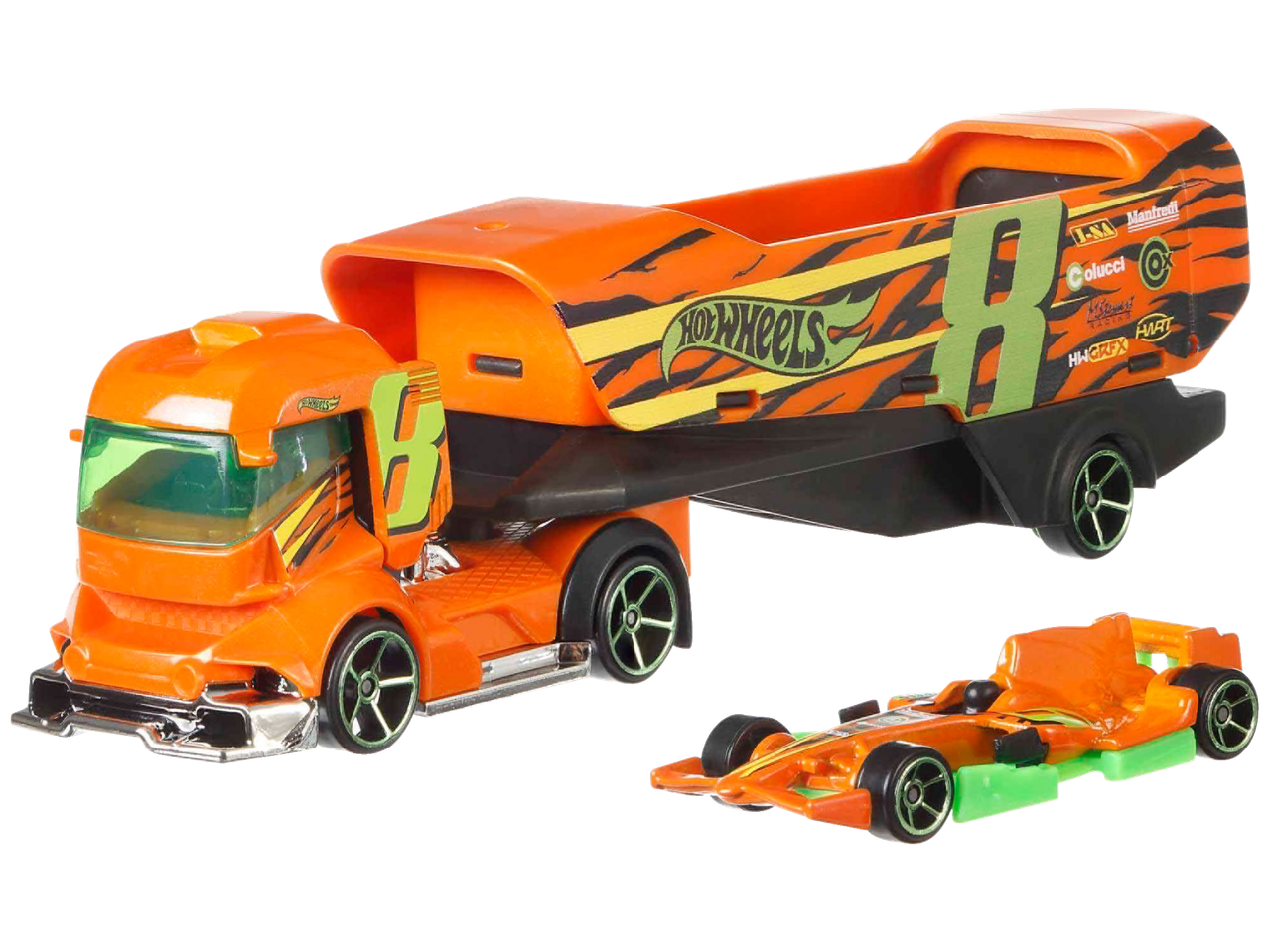 Hot Wheels komplekts: oranža kravas automašīna ar piekabi un oranža sacīkšu automašīna.