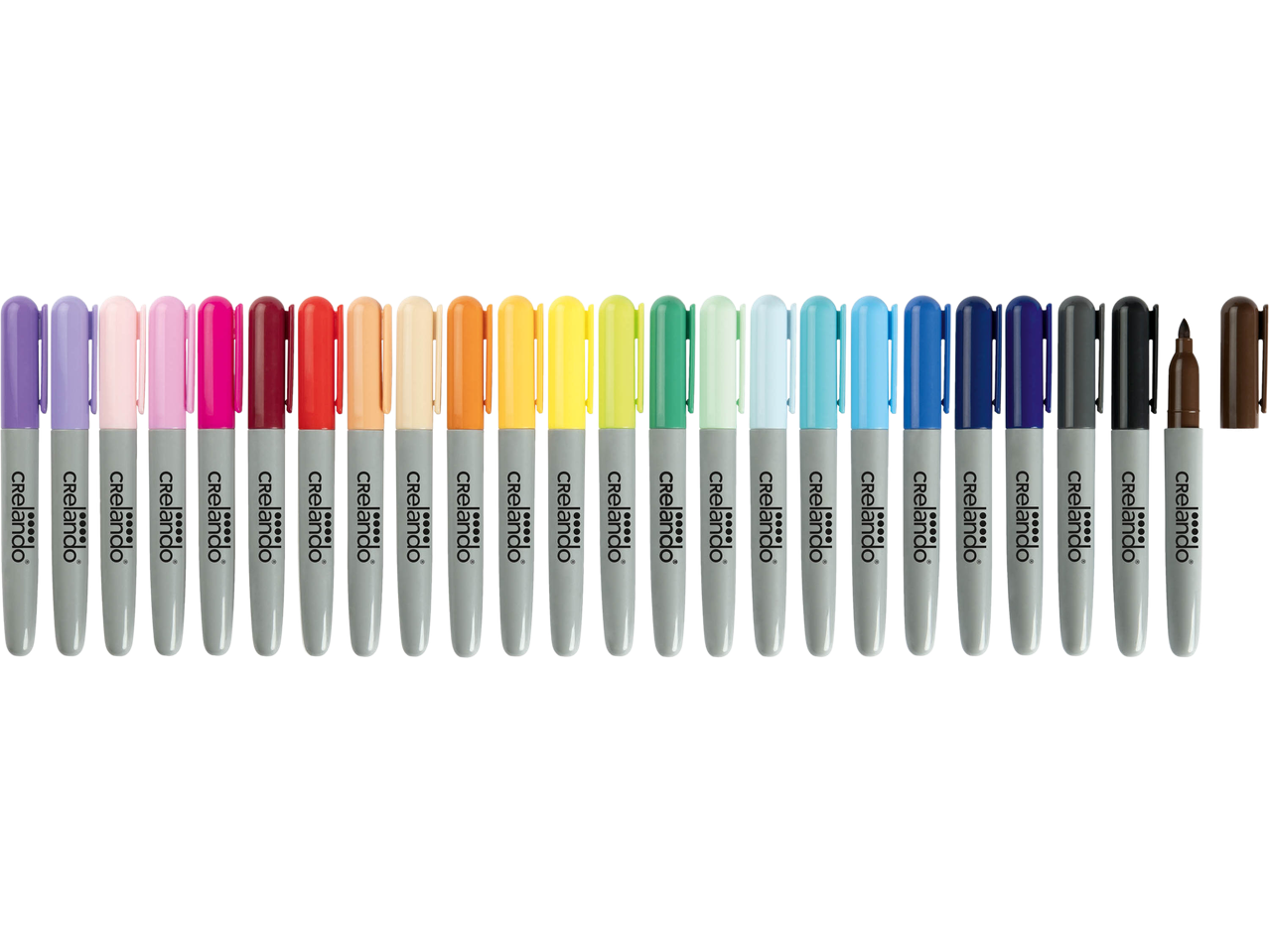 A row of 24 colorful markers with light gray bodies and matching caps, including one open brown marker.