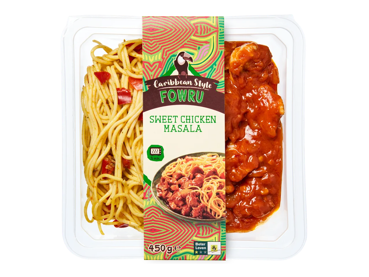Kant-en-klaarmaaltijd met Caribische kip masala en spaghetti, 450g.