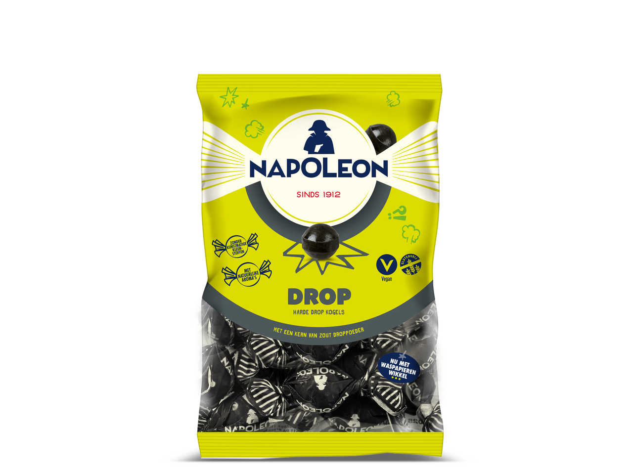 Een gele verpakking Napoleon Drop, harde dropkogels met een kern van zout droppoeder.
