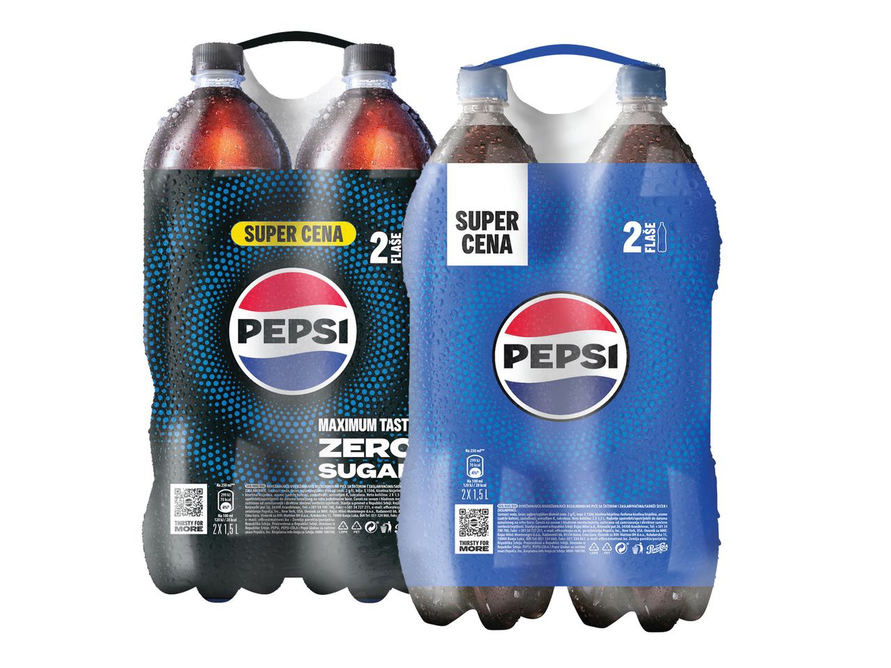 Dva pakovanja Pepsi flaša od 1,5L, jedno crno Pepsi Zero Sugar, drugo plavo Pepsi Regular.