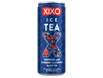 Кенче студен чай с вкус на малина и боровинка, с надпис „ICE TEA“ и „XIXO“.