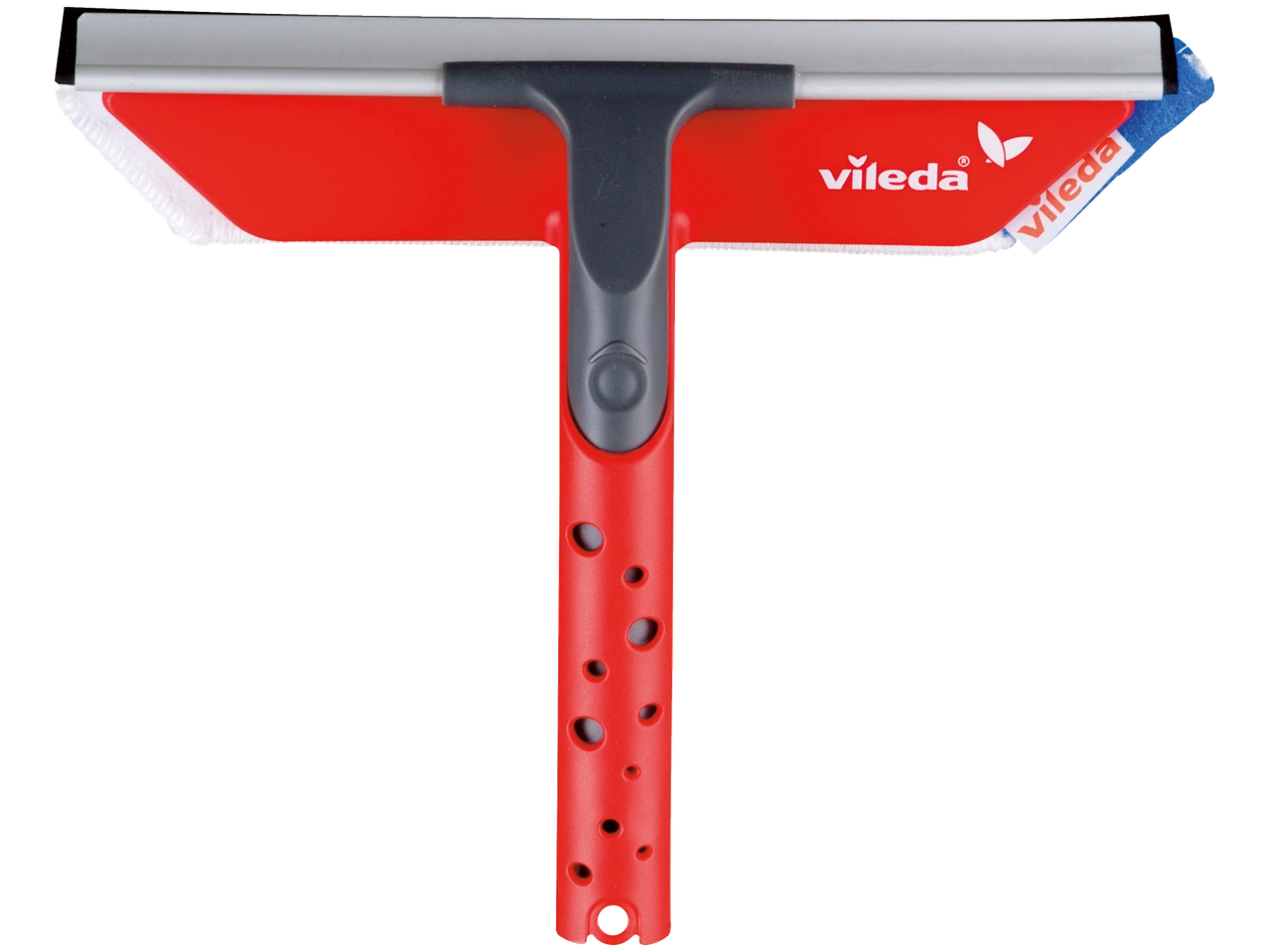 Piros ablaktisztító szürke nyéllel és fehér mikroszálas kendővel