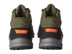 Rear view of a pair of Crivit hiking boots in olive green and black.