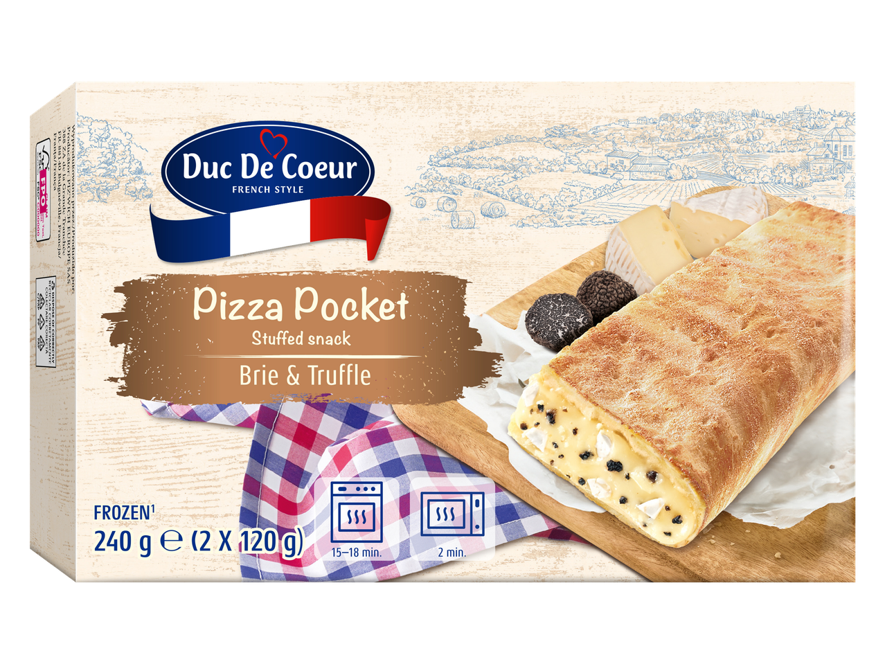 Duc De Coeur Pizza Pocket com queijo Brie e trufa, um lanche recheado congelado.
