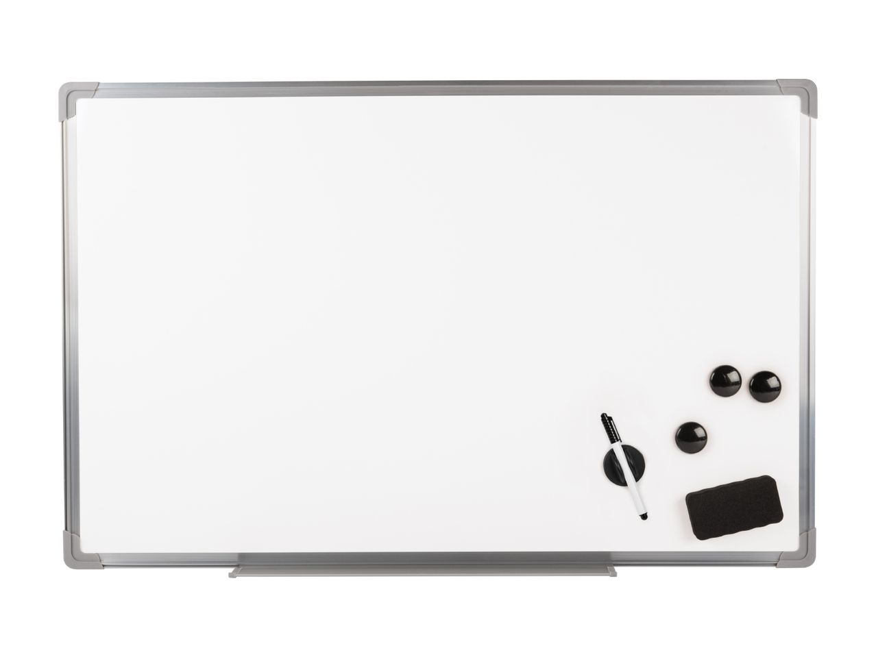Whiteboard with a marker, eraser, and magnets