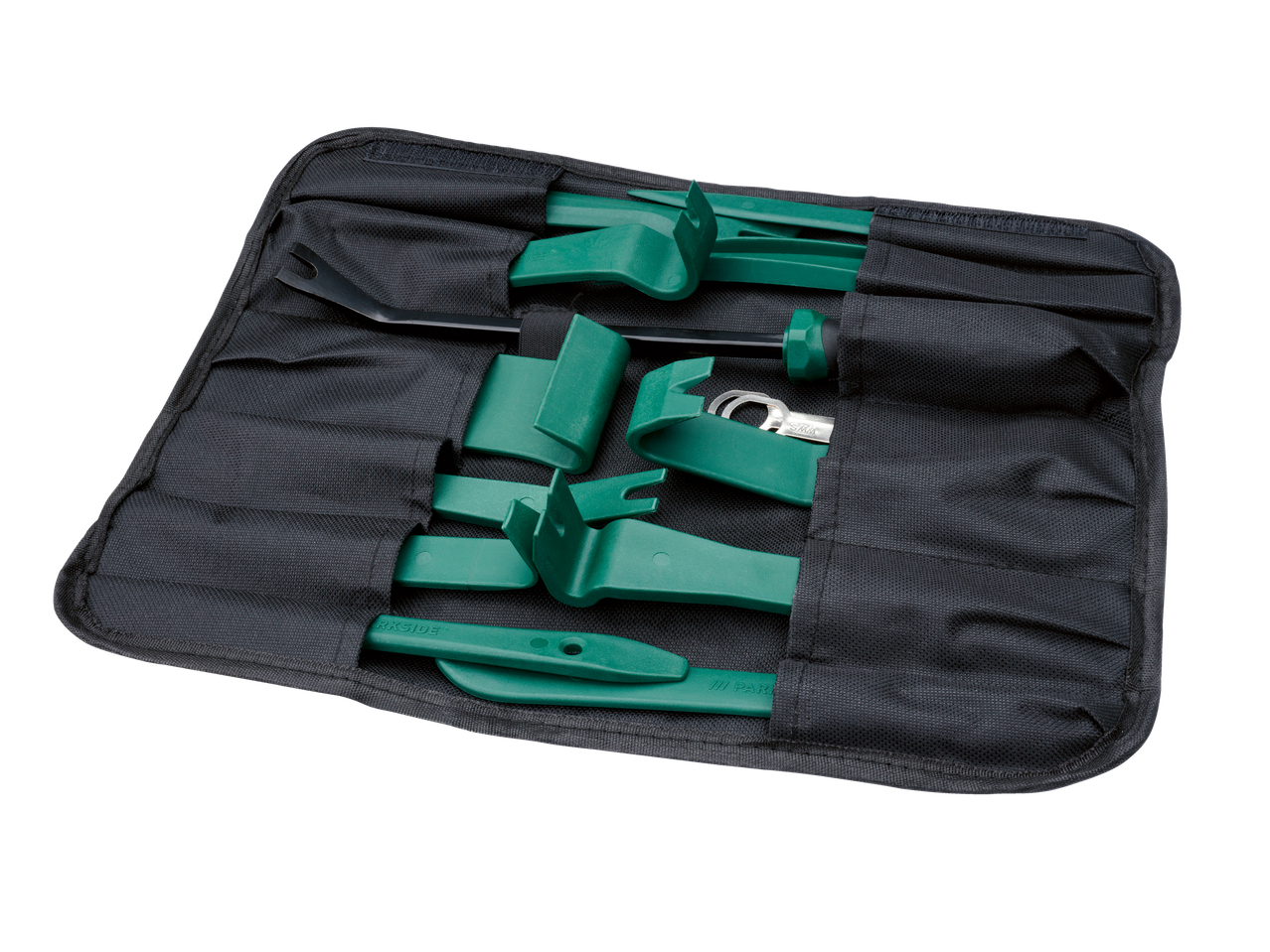 Set PARKSIDE de demontare tapițerie/cleme cu unelte verzi într-o geantă neagră.