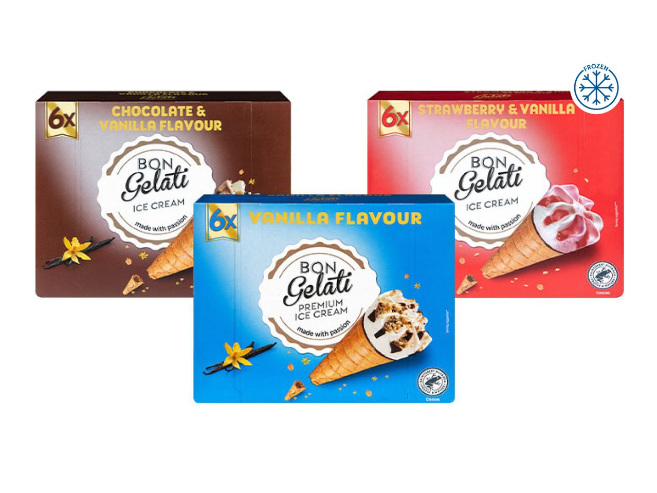 Three boxes of ice cream cones: chocolate & vanilla, vanilla, and strawberry & vanilla.