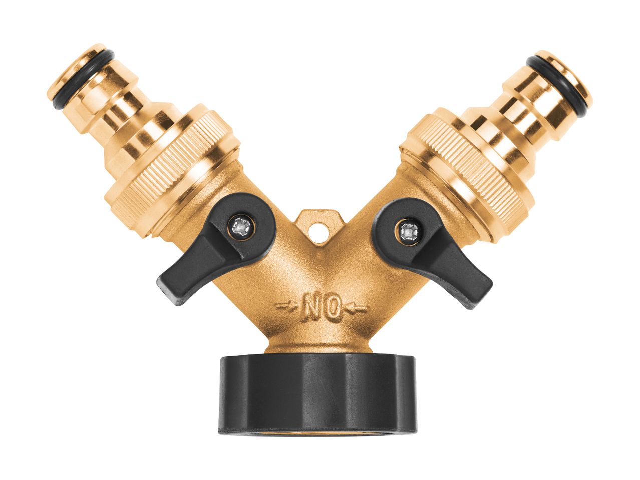 Brass Y-shaped garden hose splitter with two shut-off valves.