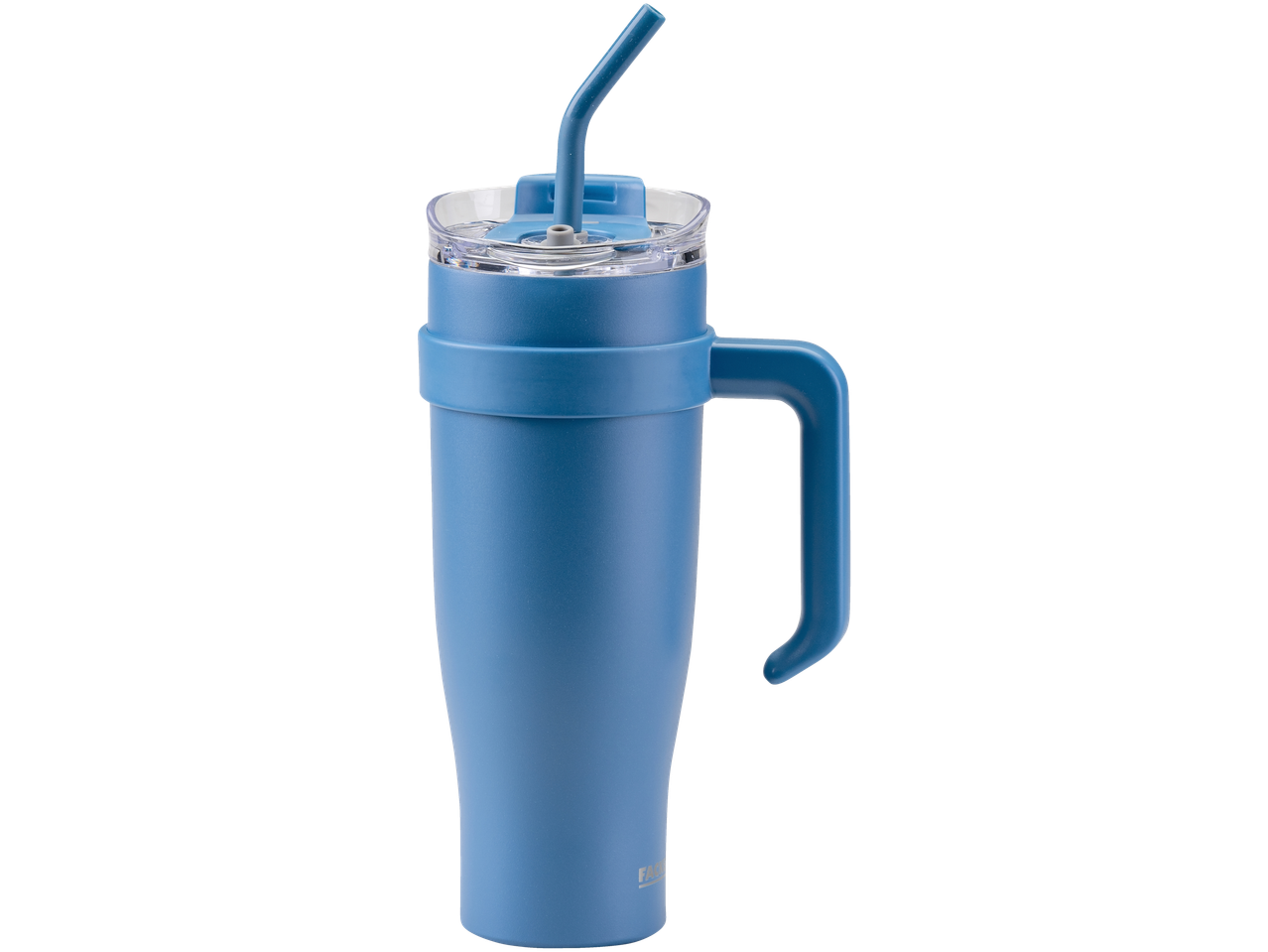 Blue mug with handle and straw.