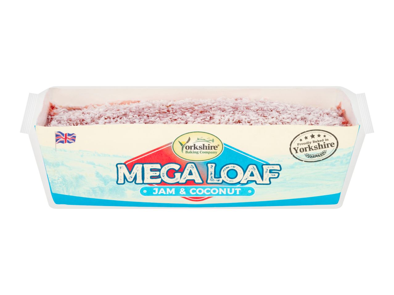 Jam and coconut mega loaf cake in a white tray with blue and red packaging.
