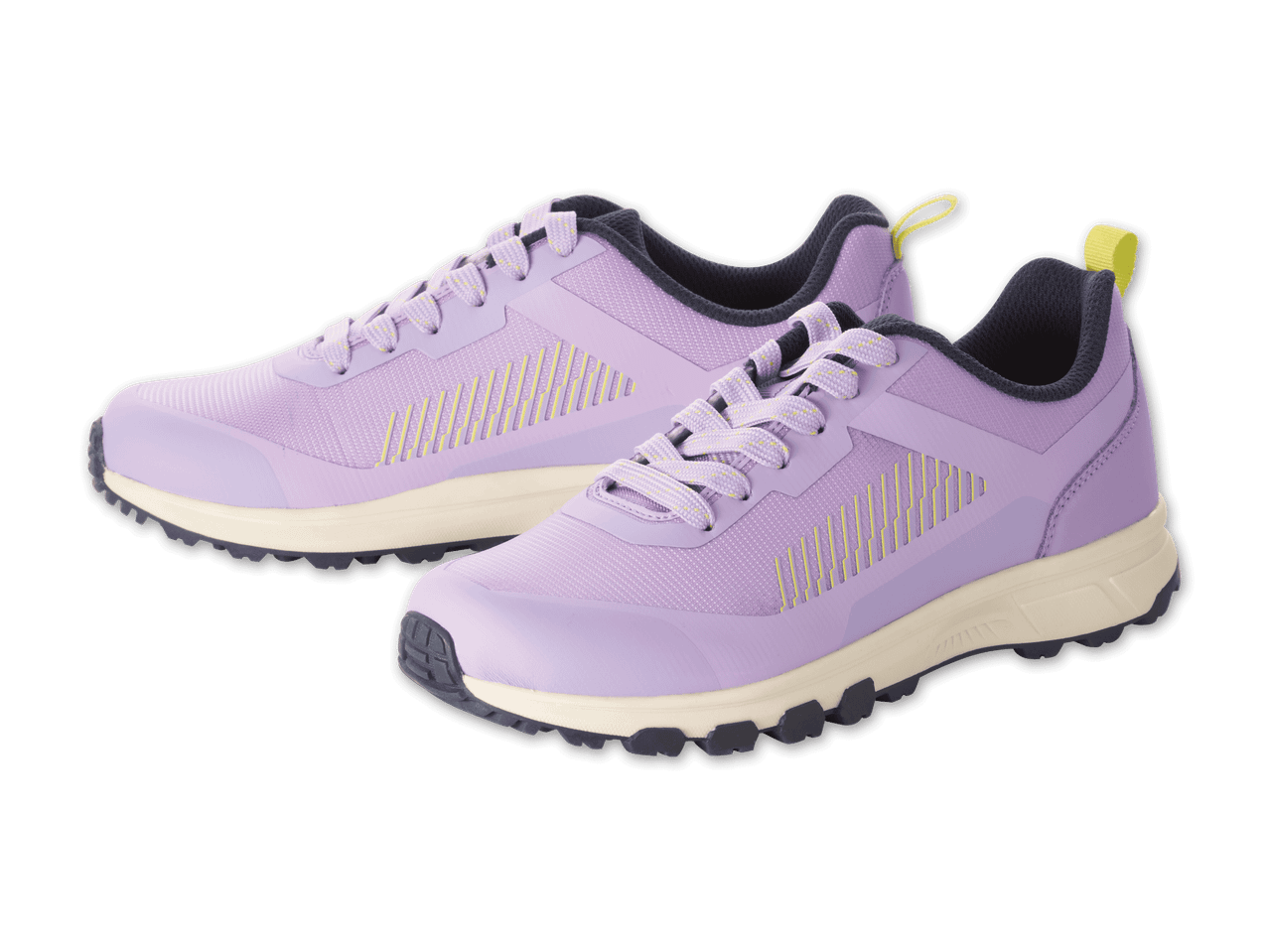 Ein Paar lila Sportschuhe mit gelben Akzenten und einer cremefarbenen Sohle.