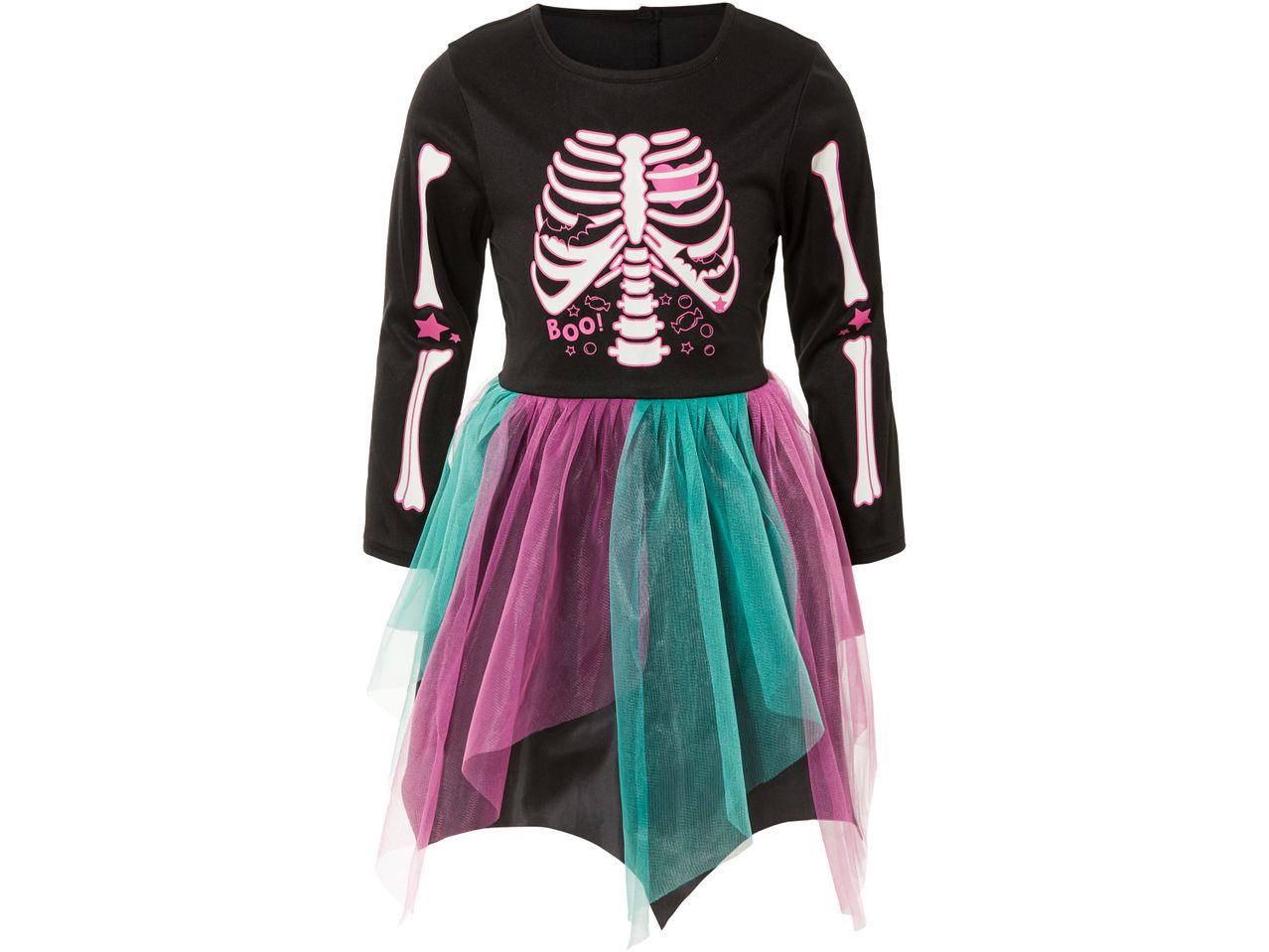 Vestito nero da scheletro per Halloween con gonna in tulle rosa e verde acqua