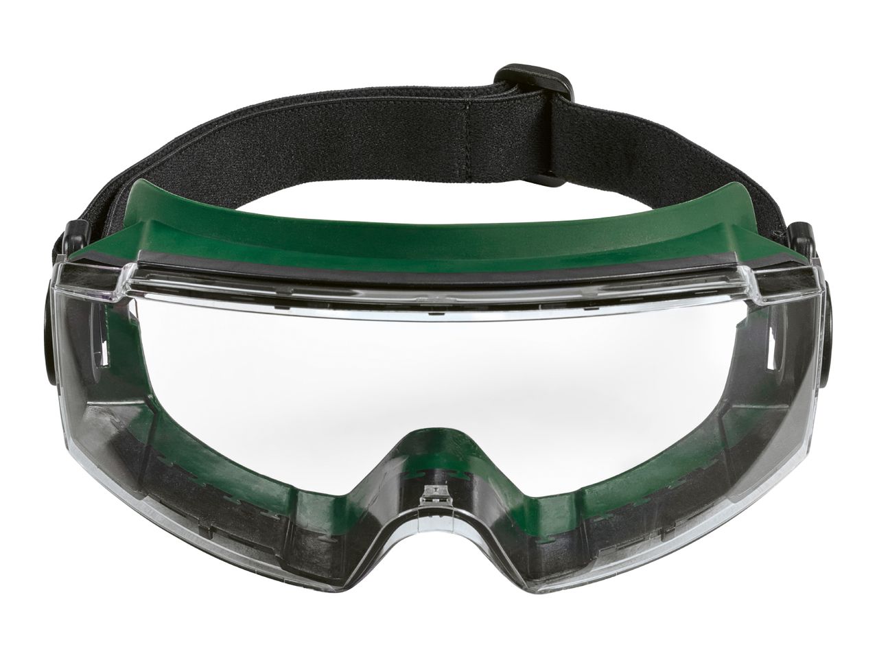 Green and clear safety goggles with an adjustable black elastic strap.