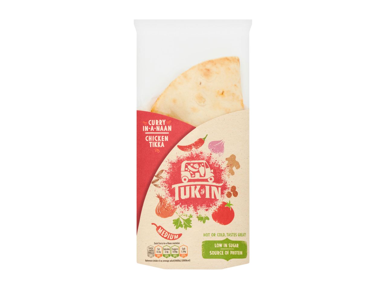 Tuk-In Medium Curry-in-a-Naan Chicken Tikka in packaging.