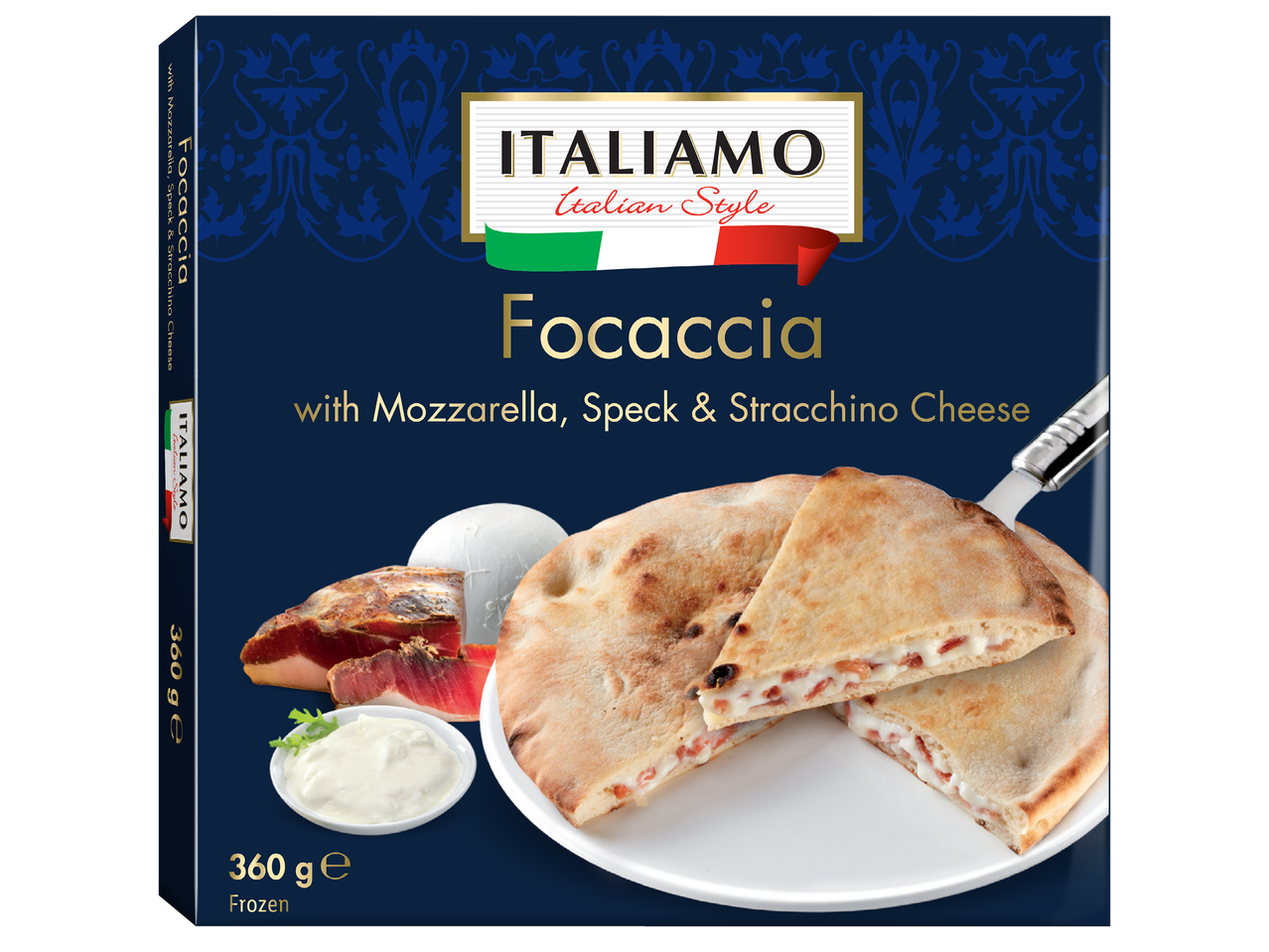 Замразена фокача с моцарела, спек и сирене стракино, 360 гр.