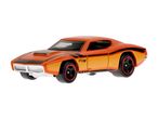 En orange Hot Wheels legetøjsbil med sorte striber og røde fælge.