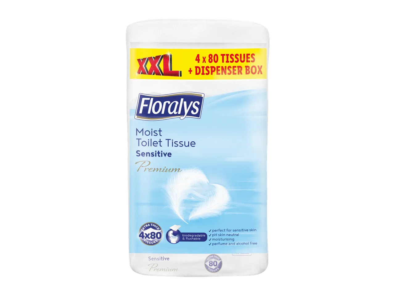 Floralys șervețele umede pentru toaletă, Sensitive Premium, pachet XXL cu cutie dozatoare.