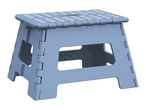 A blue plastic folding step stool with white polka dots on the top.