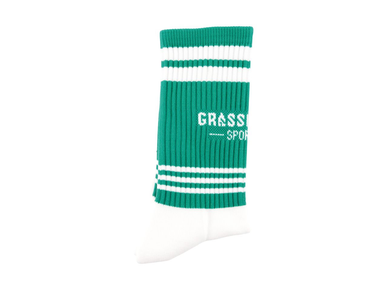 Green and white striped athletic sock with text on the side.
