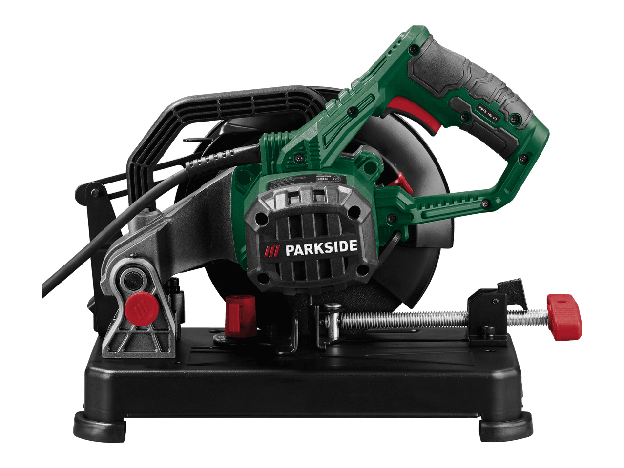 Parkside-katkaisusaha, vihreä ja musta, mustalla jalustalla ja punaisilla yksityiskohdilla.