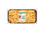 Appel crumble cake in een aluminium bakje met etiket