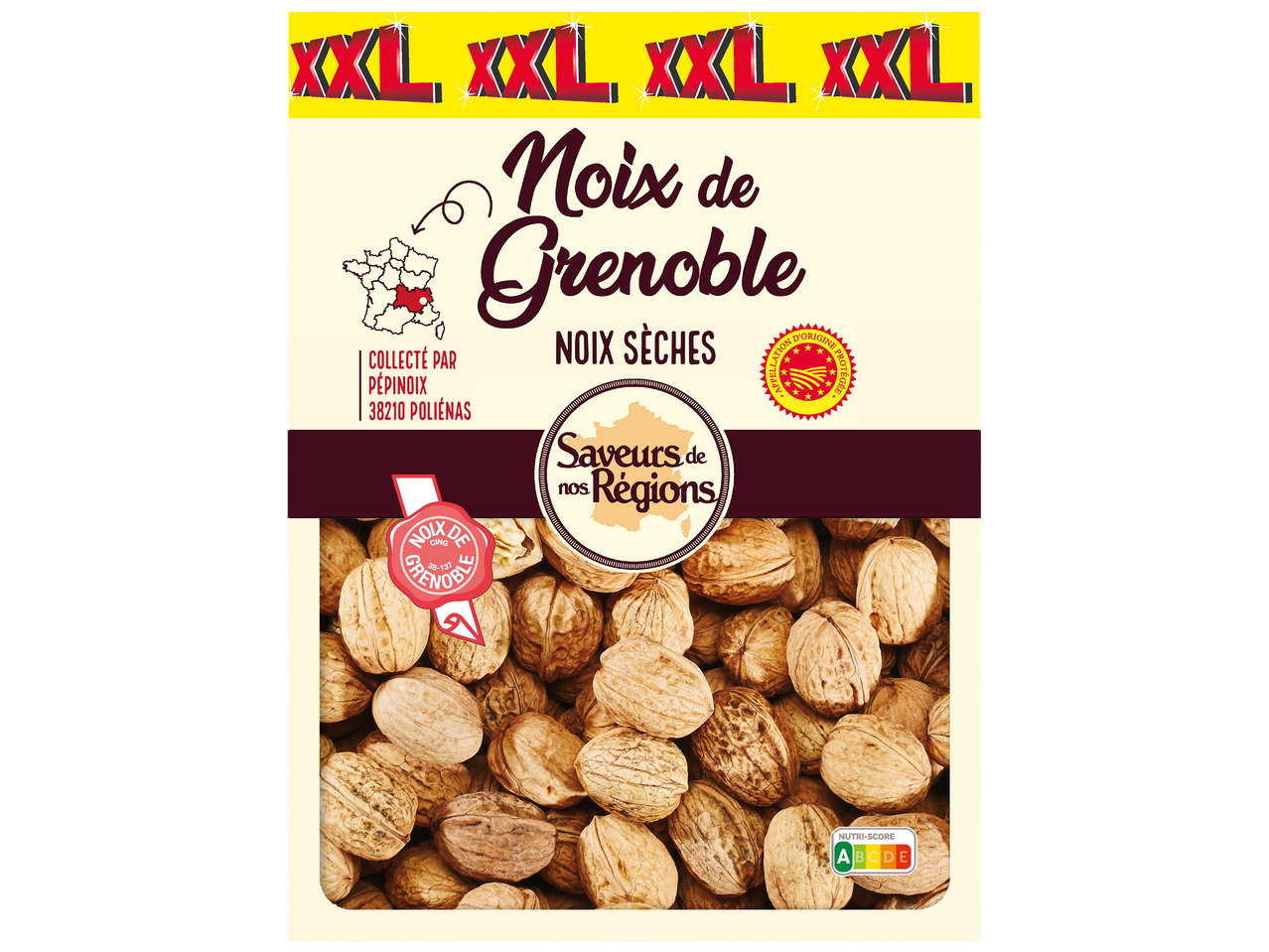 Paquet de noix de Grenoble XXL, avec la mention 'Noix Sèches' et le Nutri-Score A.