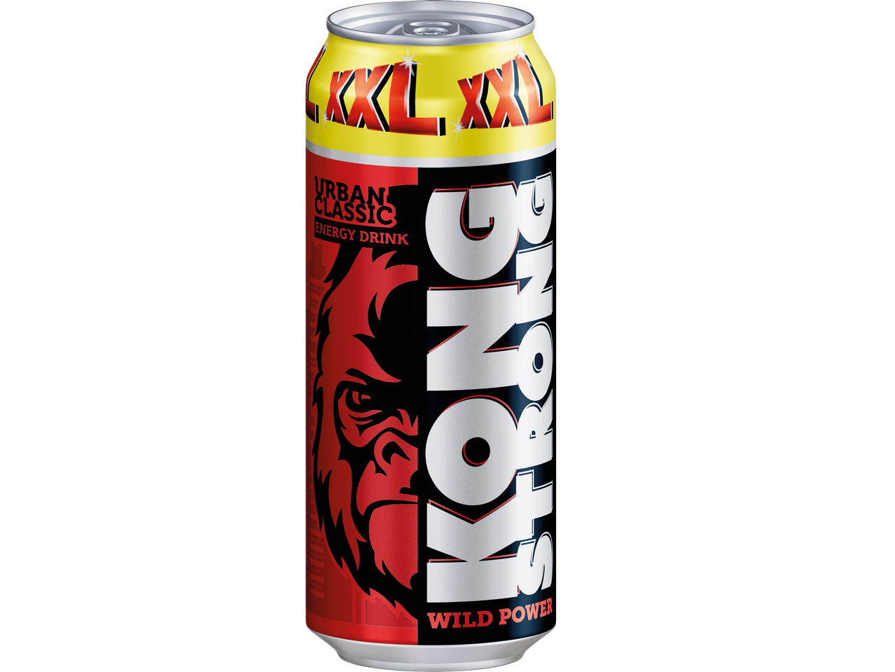 En burk Kong Strong XXL energidryck med en gorilla på etiketten.