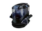 Black and blue carpet cleaner with a transparent water tank and hose, shown from an angle.