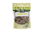 A clear bag of seed mix with a yellow label, showing nutritional information and a 'tear here' instruction.