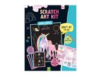 Scratch art kit for kids with unicorn theme, including scratch pictures, stick, and instructions.