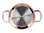 Bottom view of a copper-colored cooking pot with induction-compatible base and handles