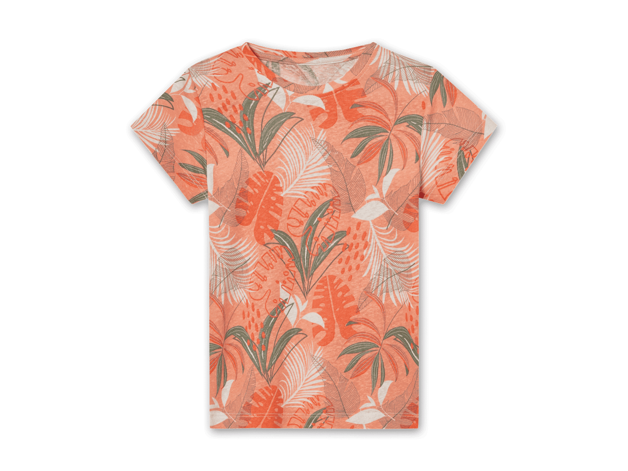 Korallenrotes T-Shirt mit tropischem Blattmuster